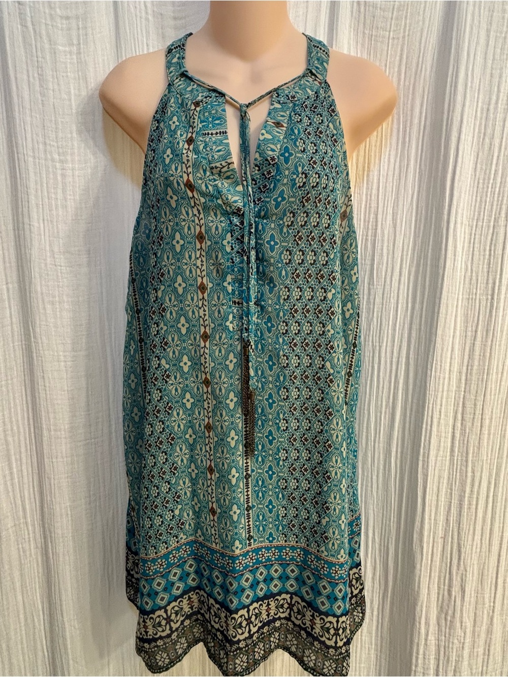 Rare Boho Chic Lily White Sleeveless Teal Paisley Halter-neck Dress Size L